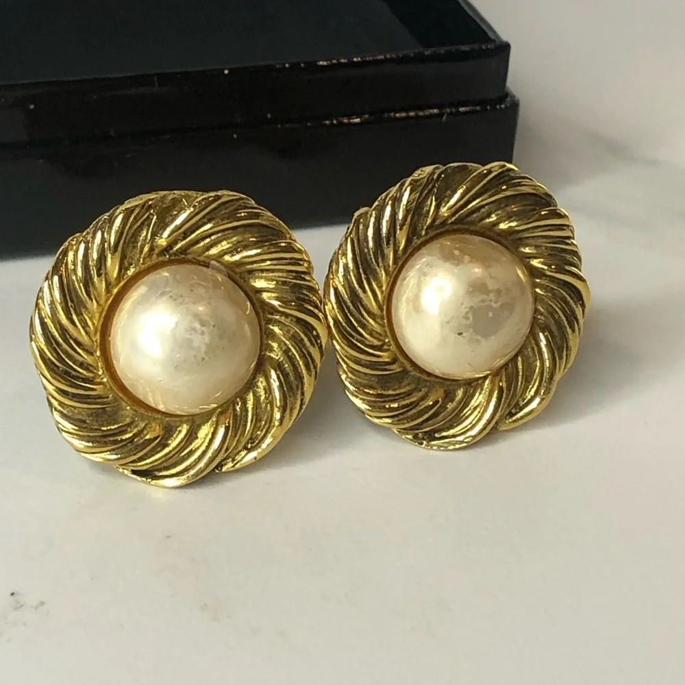 CHANEL 24k Gold Plated and Faux Pearl Earrings w/ BOX